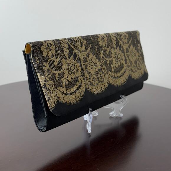 Black and Gold Lace Glitter Print Satin Clutch Purse  - 10w x 5h x 1D - Picture 7 of 10